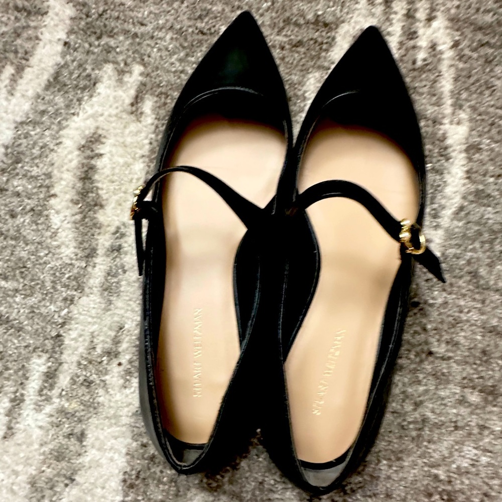 Stuart Weiztman Mary Jane Flats with gold buckle.